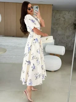 Floral Print Long Dress With Puff Sleeves For Women 2026