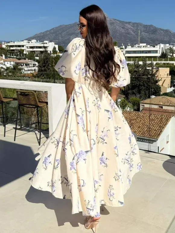 Floral Print Long Dress With Puff Sleeves For Women 2026