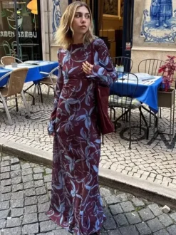 Floral Print Long Sleeve Slim Fit Maxi Bodycon Retro Dress For Women 2026