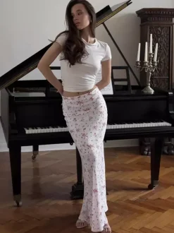 Floral Print Maxi Skirt For Women - Cottagecore Low Waist Slim Fit Long Skirts - Summer Picnic Casual 2026