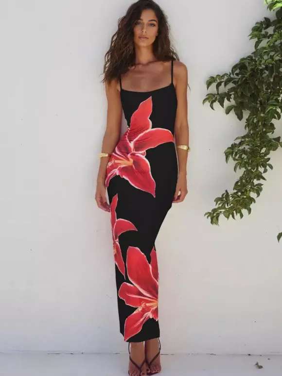 Floral Print Maxi Slip Dress for Women - Sexy Back Slit Sleeveless Bodycon Cami Sundress - Summer Beach Vacation 2026