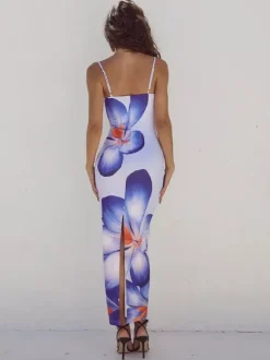 Floral Print Maxi Slip Dress for Women - Sexy Back Slit Sleeveless Bodycon Cami Sundress - Summer Beach Vacation 2026