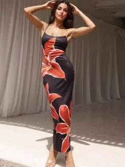Floral Print Maxi Slip Dress for Women - Sexy Back Slit Sleeveless Bodycon Cami Sundress - Summer Beach Vacation 2026