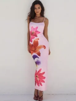 Floral Print Maxi Slip Dress for Women - Sexy Back Slit Sleeveless Bodycon Cami Sundress - Summer Beach Vacation 2026