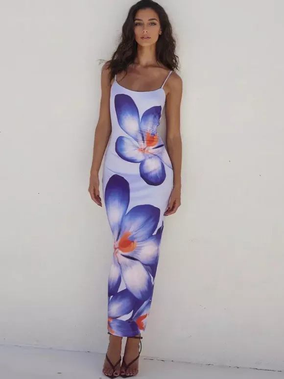 Floral Print Maxi Slip Dress for Women - Sexy Back Slit Sleeveless Bodycon Cami Sundress - Summer Beach Vacation 2026