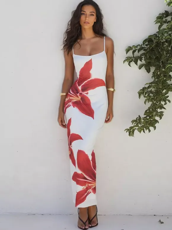Floral Print Maxi Slip Dress for Women - Sexy Back Slit Sleeveless Bodycon Cami Sundress - Summer Beach Vacation 2026