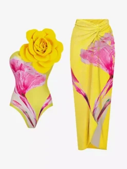 Floral Print 2 Piece Swimsuit Set For Women - 3D Flower Monokini With Maxi Sarong Skirt Cover Up - Summer Beach Resort 2026