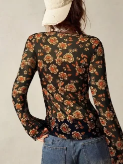 Floral Print Ruched Button Up Long Sleeve Slim Fit Shirt For Women 2026