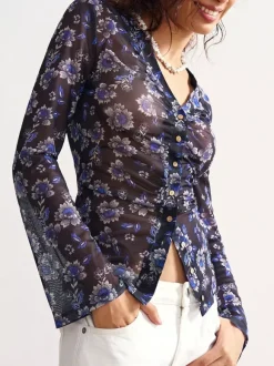 Floral Print Ruched Button Up Long Sleeve Slim Fit Shirt For Women 2026