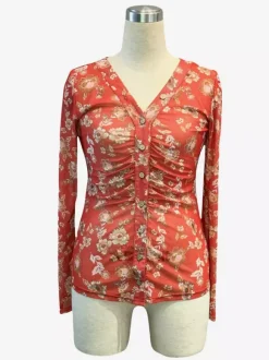 Floral Print Ruched Button Up Long Sleeve Slim Fit Shirt For Women 2026