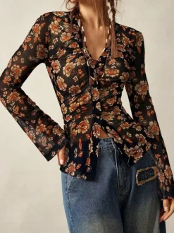 Floral Print Ruched Button Up Long Sleeve Slim Fit Shirt For Women 2026