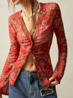 Floral Print Ruched Button Up Long Sleeve Slim Fit Shirt For Women 2026