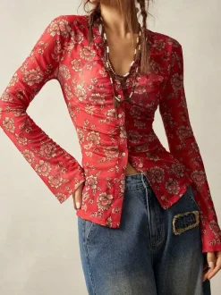 Floral Print Ruched Button Up Long Sleeve Slim Fit Shirt For Women 2026