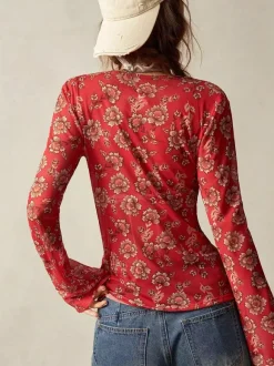 Floral Print Ruched Button Up Long Sleeve Slim Fit Shirt For Women 2026