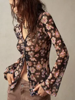 Floral Print Ruched Button Up Long Sleeve Slim Fit Shirt For Women 2026