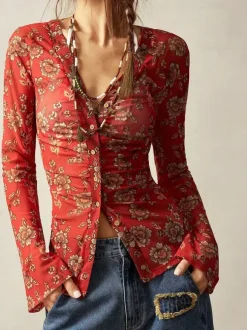 Floral Print Ruched Button Up Long Sleeve Slim Fit Shirt For Women 2026