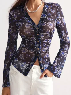 Floral Print Ruched Button Up Long Sleeve Slim Fit Shirt For Women 2026