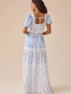 Floral Puff Sleeve Maxi Dress For Women - Boho Lace Trim Tiered Ruffle Long Sundress - Summer Beach Party 2026