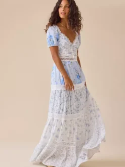 Floral Puff Sleeve Maxi Dress For Women - Boho Lace Trim Tiered Ruffle Long Sundress - Summer Beach Party 2026