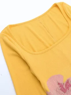 Floral Rhinestone Ribbed Dress For Women - Yellow Long Sleeve Square Neck Bodycon Mini Dress - Spring Casual Streetwear 2026
