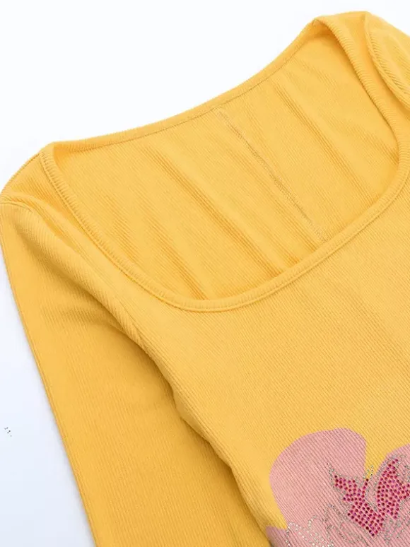 Floral Rhinestone Ribbed Dress For Women - Yellow Long Sleeve Square Neck Bodycon Mini Dress - Spring Casual Streetwear 2026