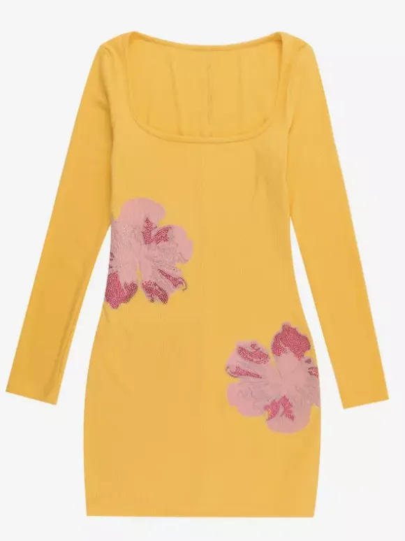 Floral Rhinestone Ribbed Dress For Women - Yellow Long Sleeve Square Neck Bodycon Mini Dress - Spring Casual Streetwear 2026