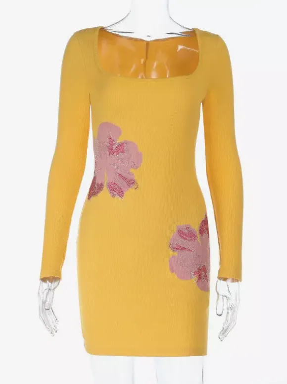 Floral Rhinestone Ribbed Dress For Women - Yellow Long Sleeve Square Neck Bodycon Mini Dress - Spring Casual Streetwear 2026