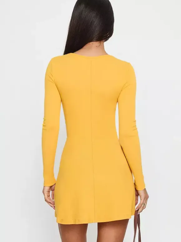 Floral Rhinestone Ribbed Dress For Women - Yellow Long Sleeve Square Neck Bodycon Mini Dress - Spring Casual Streetwear 2026