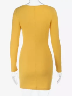 Floral Rhinestone Ribbed Dress For Women - Yellow Long Sleeve Square Neck Bodycon Mini Dress - Spring Casual Streetwear 2026