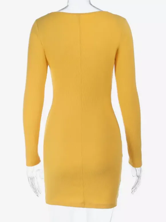 Floral Rhinestone Ribbed Dress For Women - Yellow Long Sleeve Square Neck Bodycon Mini Dress - Spring Casual Streetwear 2026