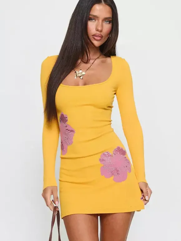 Floral Rhinestone Ribbed Dress For Women - Yellow Long Sleeve Square Neck Bodycon Mini Dress - Spring Casual Streetwear 2026
