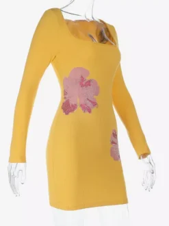 Floral Rhinestone Ribbed Dress For Women - Yellow Long Sleeve Square Neck Bodycon Mini Dress - Spring Casual Streetwear 2026
