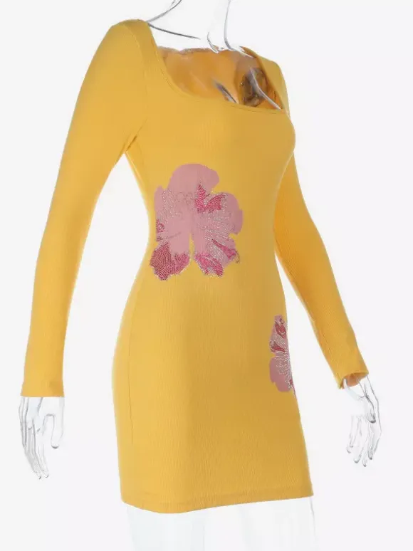 Floral Rhinestone Ribbed Dress For Women - Yellow Long Sleeve Square Neck Bodycon Mini Dress - Spring Casual Streetwear 2026