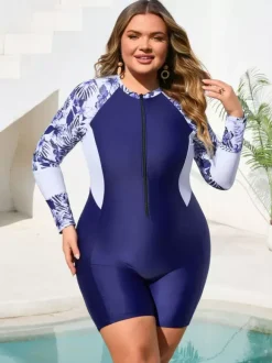 Floral Sleeve Zip Up Plus Size Athletic One Piece Swimsuit