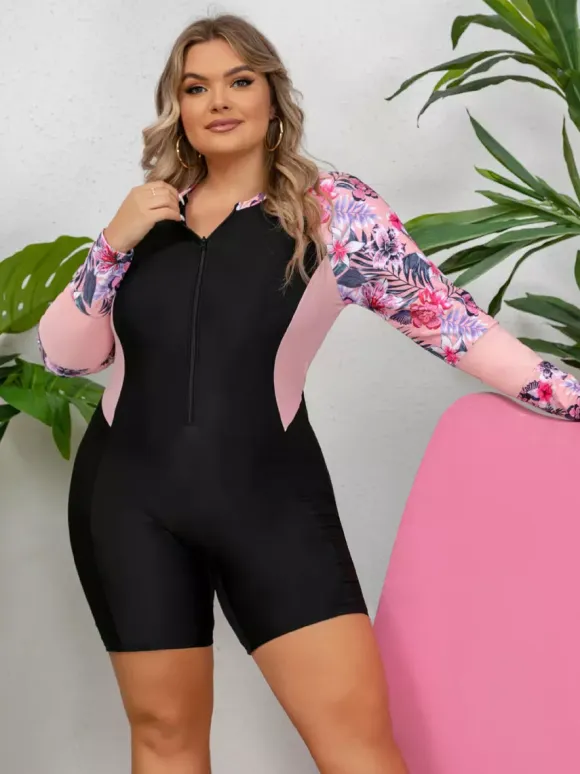 Floral Sleeve Zip Up Plus Size Athletic One Piece Swimsuit