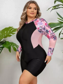 Floral Sleeve Zip Up Plus Size Athletic One Piece Swimsuit