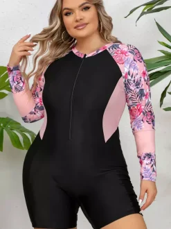Floral Sleeve Zip Up Plus Size Athletic One Piece Swimsuit