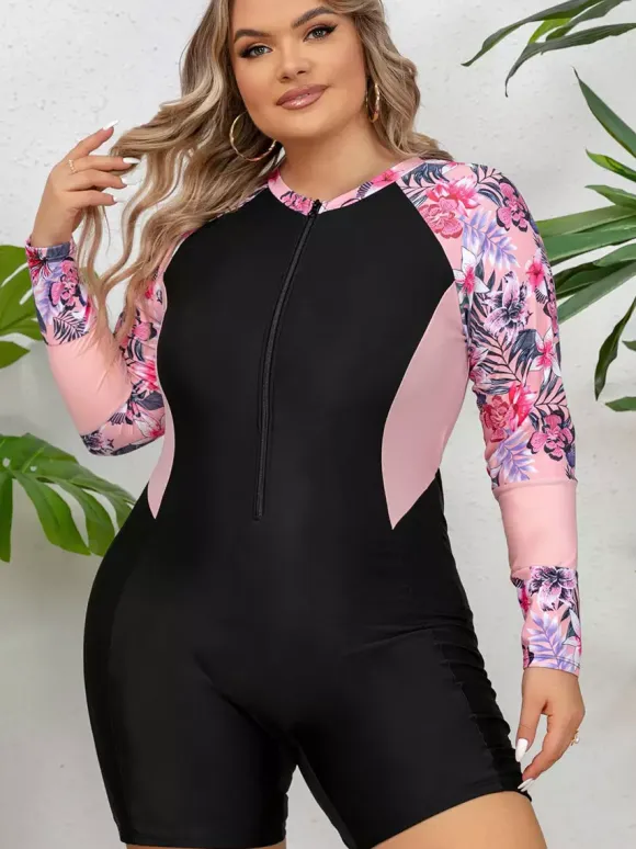 Floral Sleeve Zip Up Plus Size Athletic One Piece Swimsuit