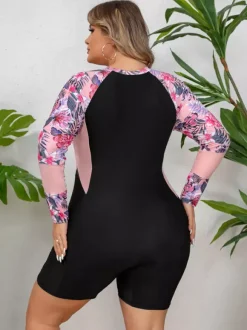 Floral Sleeve Zip Up Plus Size Athletic One Piece Swimsuit