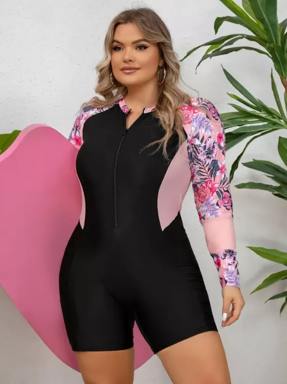 Floral Sleeve Zip Up Plus Size Athletic One Piece Swimsuit