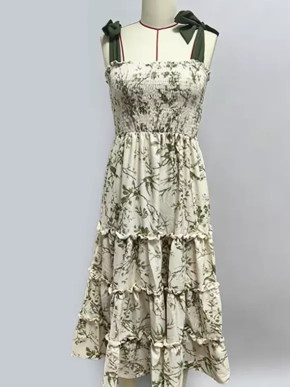 Floral Smocked Midi Dress For Women - Sage Green Boho Tie Shoulder Tiered Ruffle A-Line Sun Dress - Summer Beach Vacation 2026