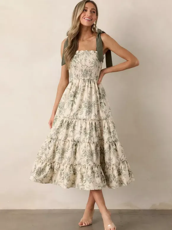 Floral Smocked Midi Dress For Women - Sage Green Boho Tie Shoulder Tiered Ruffle A-Line Sun Dress - Summer Beach Vacation 2026