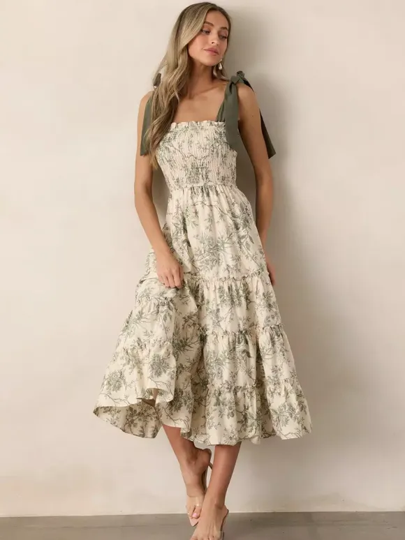 Floral Smocked Midi Dress For Women - Sage Green Boho Tie Shoulder Tiered Ruffle A-Line Sun Dress - Summer Beach Vacation 2026