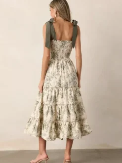 Floral Smocked Midi Dress For Women - Sage Green Boho Tie Shoulder Tiered Ruffle A-Line Sun Dress - Summer Beach Vacation 2026