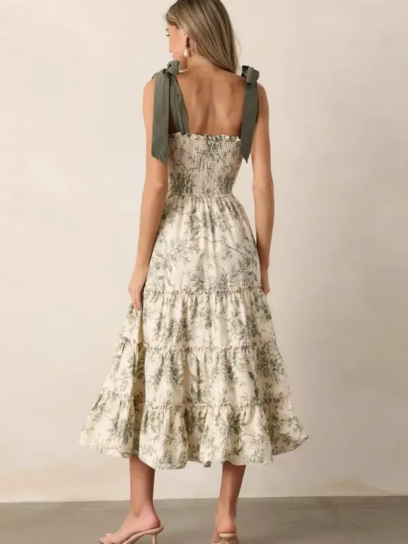 Floral Smocked Midi Dress For Women - Sage Green Boho Tie Shoulder Tiered Ruffle A-Line Sun Dress - Summer Beach Vacation 2026