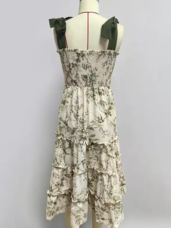 Floral Smocked Midi Dress For Women - Sage Green Boho Tie Shoulder Tiered Ruffle A-Line Sun Dress - Summer Beach Vacation 2026