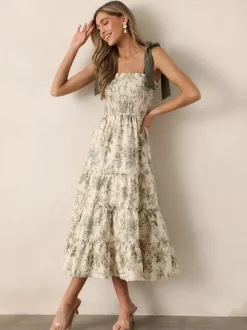 Floral Smocked Midi Dress For Women - Sage Green Boho Tie Shoulder Tiered Ruffle A-Line Sun Dress - Summer Beach Vacation 2026