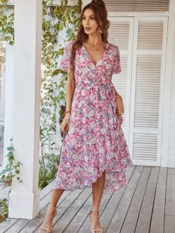 Floral Wrap Midi Dress for Women - Short Ruffle Sleeve High-Low Printed Dress - Summer Garden Wedding Guest Wear 2026