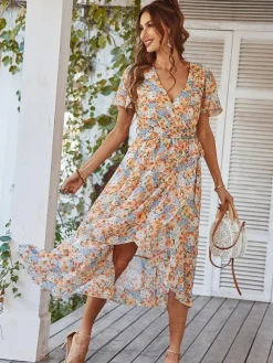 Floral Wrap Midi Dress for Women - Short Ruffle Sleeve High-Low Printed Dress - Summer Garden Wedding Guest Wear 2026