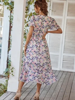 Floral Wrap Midi Dress for Women - Short Ruffle Sleeve High-Low Printed Dress - Summer Garden Wedding Guest Wear 2026